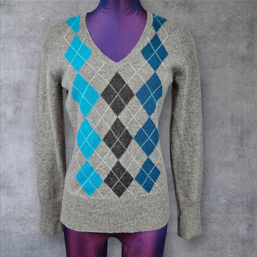 Apt 9 Argyle 100% Cashmere V-Neck Sweater Gray Blue Size Small Women's Q24